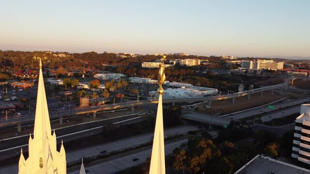Beautiful aerial over Angel Moroni and the spires of the Mormon Temple in La Jolla, San Diego, California.