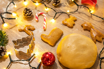 Christmas bakery. Festive food, cooking process, family culinary, Christmas and New Year traditions concept. Woman hands holding homemade gingerbread cookies
