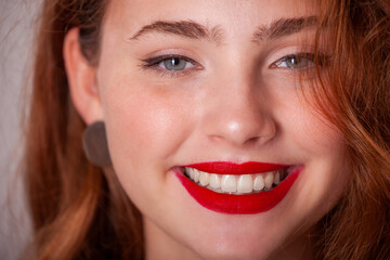 smile happy with red lips, cute young girl smiling with teeth, snow-white smile