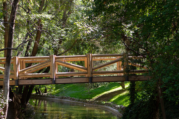 puente de madera sobre el río en un parque lleno de vegetacion