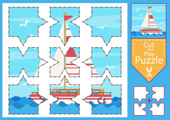 Obraz na płótnie Canvas Children puzzle game. Worksheets with drawing sea boat. Kids art game and activity page. Cartoon picture of ship. Drawing landscape piece of parts. Vector illustration.