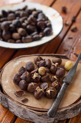 Roasted Chestnuts on Wooden Board