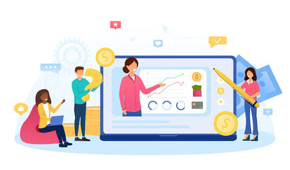 Online business courses of increasing earnings, money. PC monitor with charts arrow on screen, concept or success financial trading profit. Abstract concept. Cartoon flat vector illustration