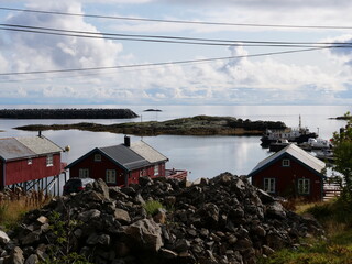 The view on the village of Sorvagen in the southern of the Lofoten islands. september 2019.