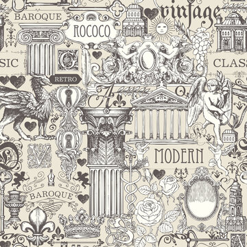 Creative seamless pattern on the theme of vintage art, furniture and Antiques. Vector background with sketches and drawings on a beige backdrop. Wallpaper, wrapping paper, fabric in retro style
