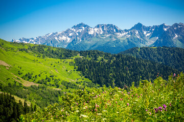 Beautiful mountain landscape with green meadow at Caucasus mountains.