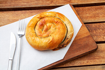 Turkish Tepsi Boregi, Round Borek, Tray pastry (Turkish name; rulo borek - sigara boregi)