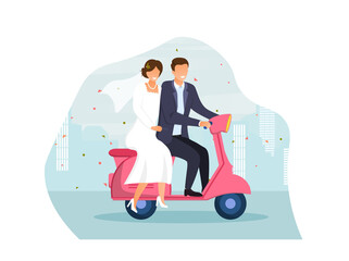 Cute wedding couple of bride and groom. Wedding day, holiday, event, date. Beautiful happy man and woman riding on scooter under confetti. Cartoon flat vector illustration