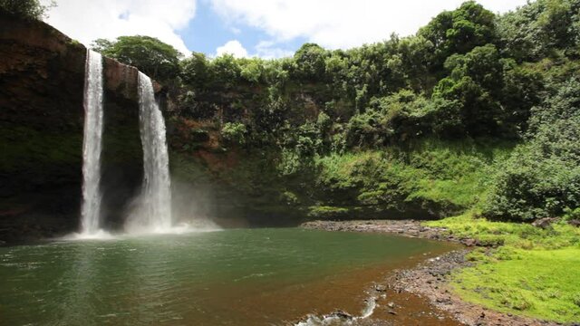 Pair of waterfalls in Kauai, low angle
