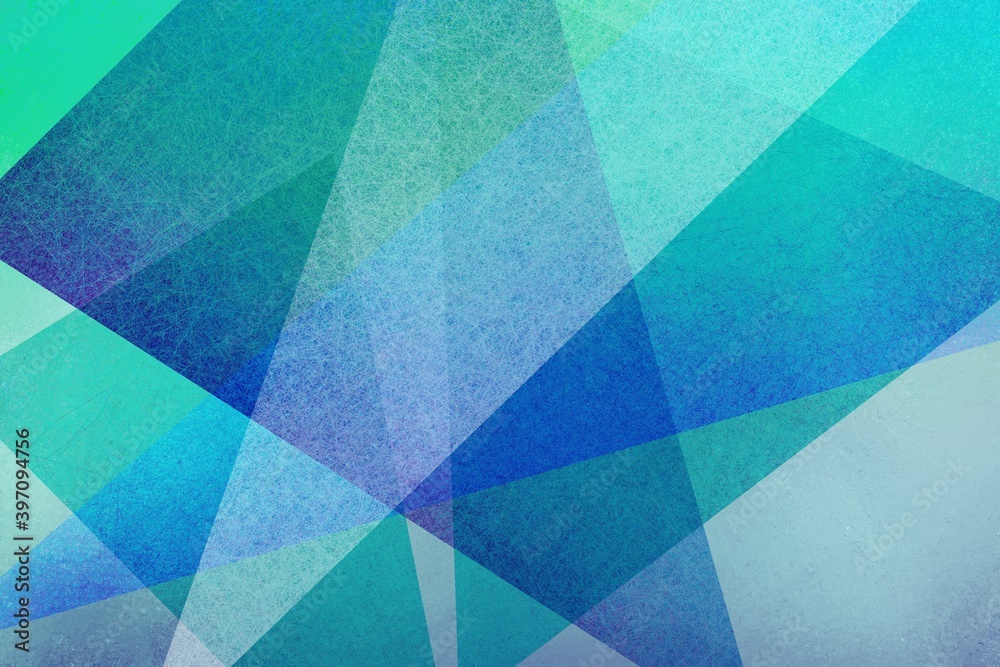 Sticker abstract blue green background with texture pattern, layered geometric triangle shapes in white dark