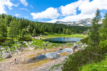 A beautiful view of the Triglav mountains and the lakes during the hike Triglav Seven Lakes,...