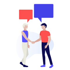 People with dialogue bubbles. Friends talking. Teamwork. Businessmen discuss news, chat, dialogue speech bubbles. Human characters on white background. Color vector illustration