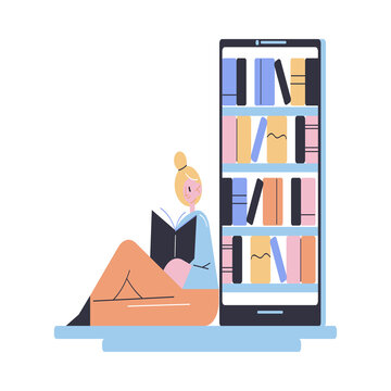 Young smiling woman sitting and reading electronic book in e-libruary on smartphone