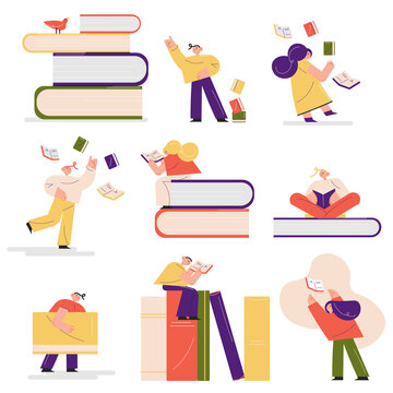 Set of happy young people and pupils reading favourite books in libruary