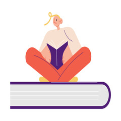 Happy young boy sitting on big book and reading book in library