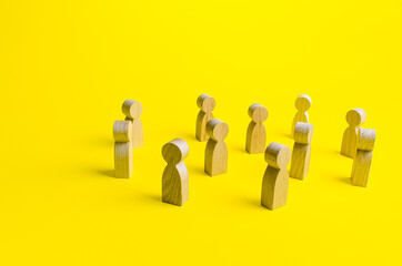 Figures of people stand randomly on a yellow background. People society concept. Behavior and...