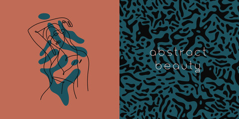 Beauty studio logo design in trendy soft hue. Vector feminine symbol design template minimal line style. Abstract animal skin pattern. Dark seamless background for cosmetic label. Body care insignia.