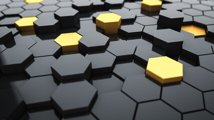 Abstract black and gold hexagonal background 3d illustration
