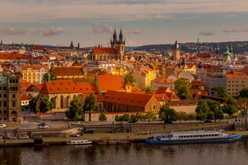 Panoramic view of picturesque Prague city on sunset. Prague, Czech Republic