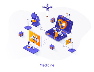 Obraz premium Medicine isometric web banner. Medical engineering and technology isometry concept. Pharmaceutical industry research, drugs development 3d scene design. Vector illustration with people characters.