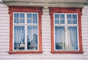 Old retro vintage wooden windows in Tromso, Norway