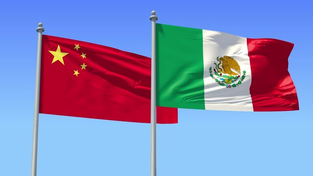 Mexico and China flag on flagpole excellent quality. United Mexican States and People's Republic of China waving flag in wind. Endless Animation. LOOP CYCLE Animation.