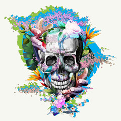 Illustration vintage du crâne avec des fleurs et des mains sur blanc. Dessinés à la main, vecteur - stock.