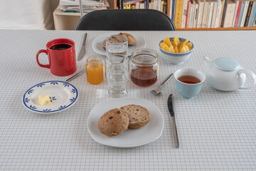 Paris, France - 11 29 2020: French Breakfast table for a couple in Covid period