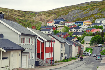 Typical colourful wooden houses  in Honningsvag, Norway