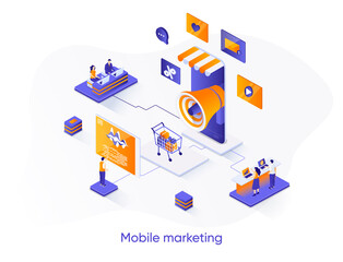 Mobile marketing isometric web banner. Mobile platform for advertising and promotion isometry concept. Online marketing strategy 3d scene, flat design. Vector illustration with people characters.