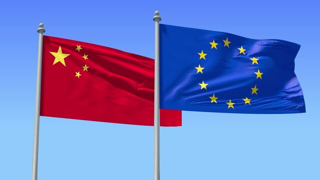 European Union and China flag on flagpole excellent quality. EU and People's Republic of China waving flag in wind. Endless Animation. LOOP CYCLE Animation.