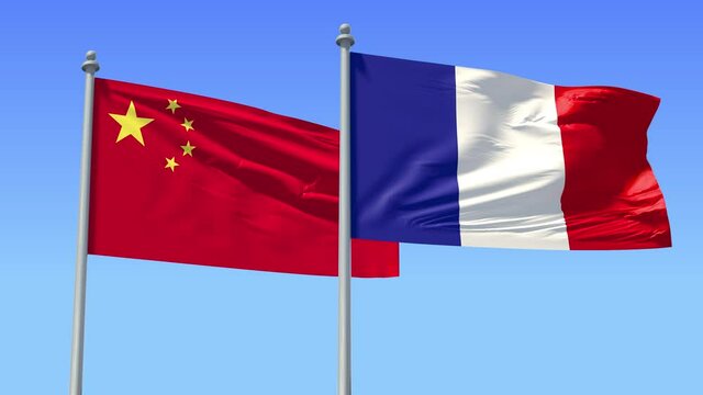 France and China flag on flagpole excellent quality. French Republic and People's Republic of China waving flag in wind. Endless Animation. LOOP CYCLE Animation.