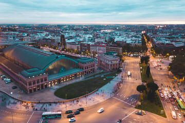 look from above view aerial drone shot Spain Madrid capital cloudy evening buildings lamps traffic...