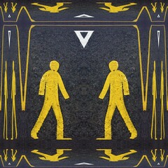 surreal abstract icon of pedestrian male crossing the road in YELLOW paint on black asphalt background repeating patterns