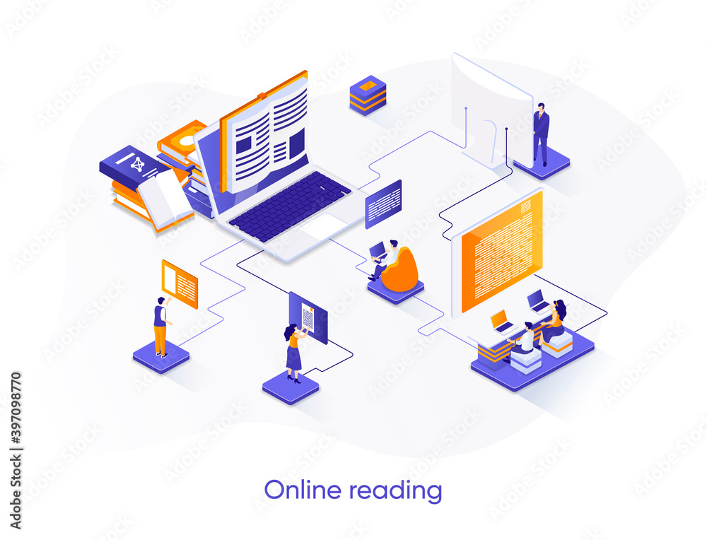 Aufkleber Online reading isometric web banner. Distance education and knowledge isometry concept. E-book reading application 3d scene, online library service design. Vector illustration with people characters.