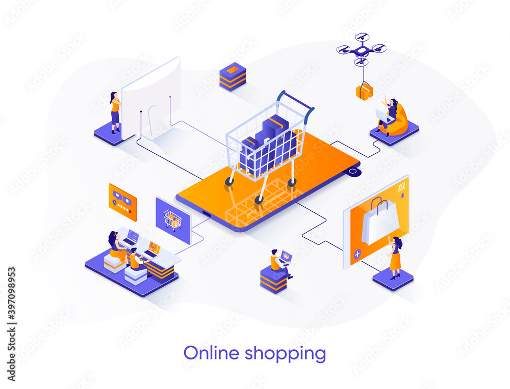 Aufkleber Online shopping isometric web banner. E-commerce platform isometry concept. Web solution for online shopping 3d scene, order and delivery application design. Vector illustration with people characters