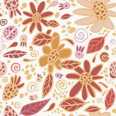 Hand drawn funny flowers vector print. Funny pattern with daisies, strawberries and ladybirds. Printing on fabric and background for wallpaper. Cute spring romantic seamless pattern