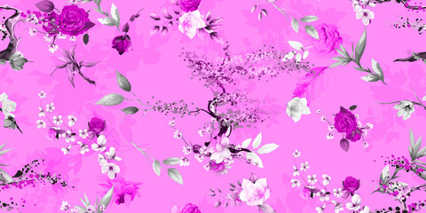 Wide vintage seamless background pattern. Bonsai tree with wild flowers, peony on light red. Abstract, hand drawn, vector - stock.