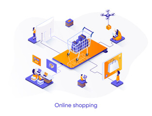 Online shopping isometric web banner. E-commerce platform isometry concept. Web solution for online shopping 3d scene, order and delivery application design. Vector illustration with people characters