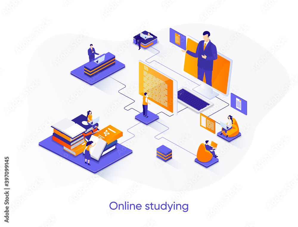 Poster online studying isometric web banner. distance learning platform isometry concept. online education 