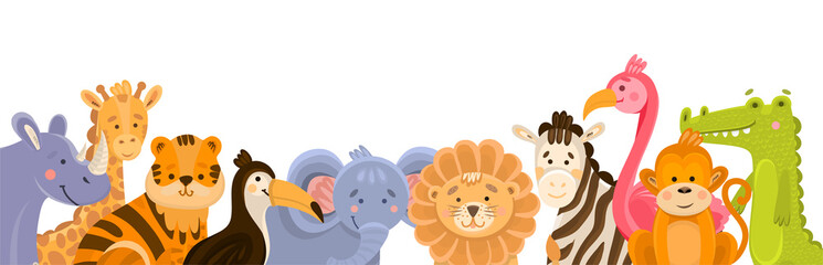 Illustration of various jungle animals for background in cartoon style. Colorful modern illustration with place for text, birthday greetings, horizontal banner for the holiday. Jungle animals for kids