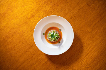 Sea bass tartare with peach,jalapenos,fennel,blood orange dressing 
Chef Daniel Krbasian