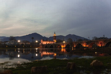 Obraz premium Ponte de Lima Limia Portuga evening hill mountains city village Ponte Romana Igreja de Santo António da Torre Velha