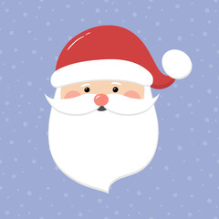 Happy Santa Claus head on background with snowflakes. Christmas decoration. Vector