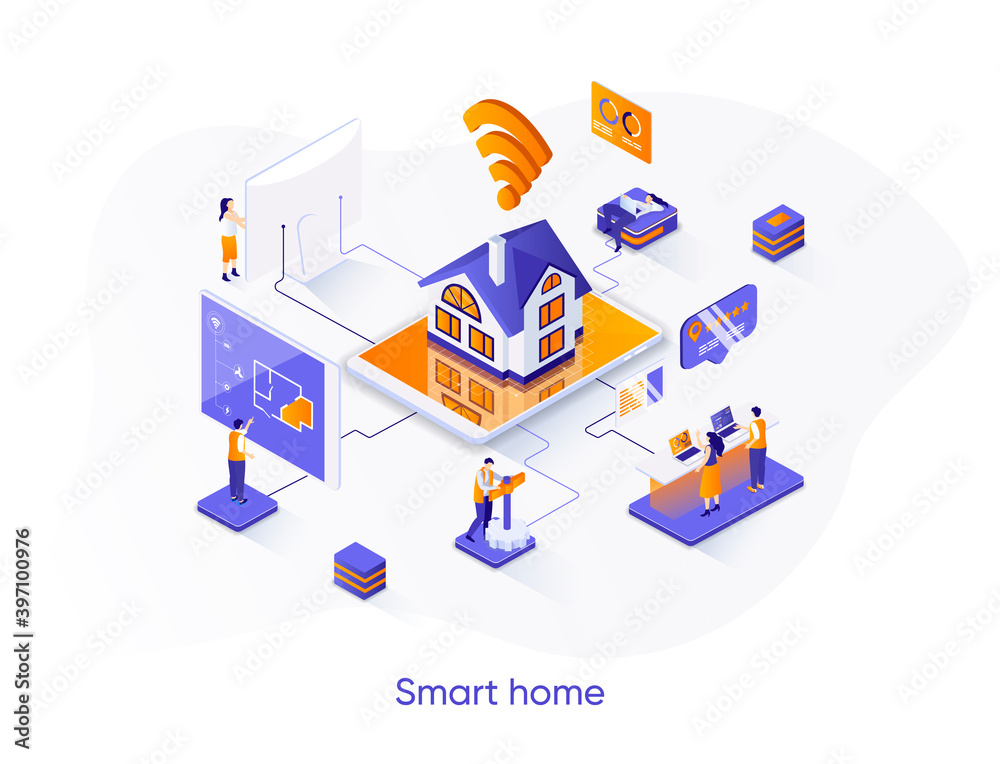 Aufkleber Smart home isometric web banner. Online home control, monitoring and management isometry concept. House system automatization technology 3d scene design. Vector illustration with people characters.