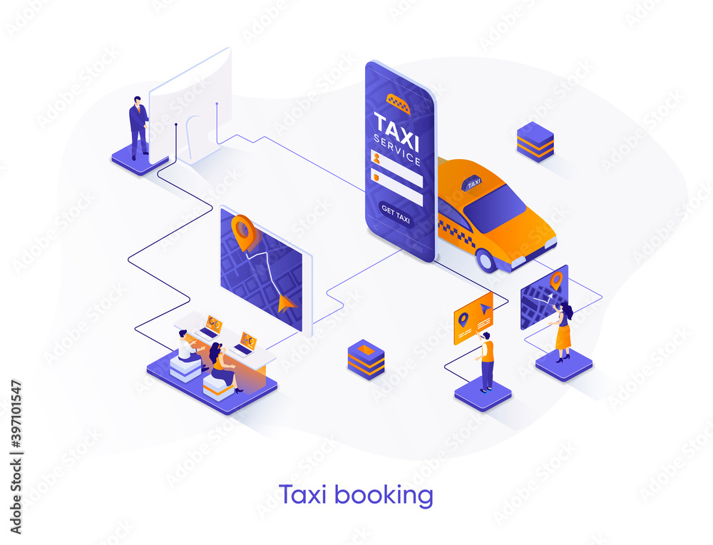 Poster taxi booking isometric web banner. taxi service mobile application isometry concept. online booking 
