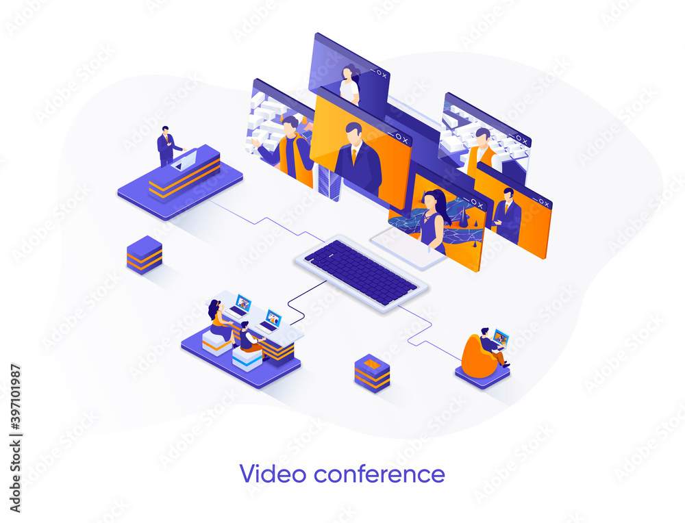 Aufkleber video conference isometric web banner. teleconference and video call solution isometry concept. onli