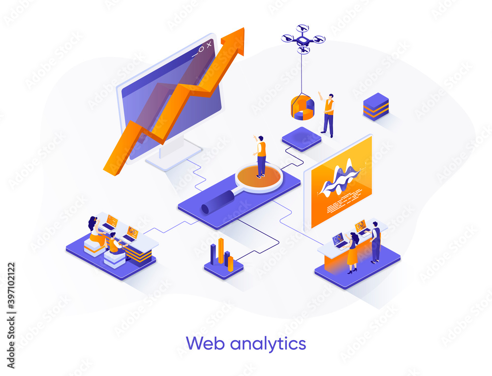 Wall mural web analytics isometric web banner. online business analytics isometry concept. data analysis servic