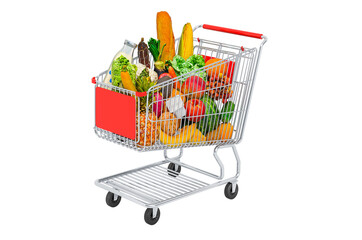 Shopping trolley with grocery products, fruits and vegetables. 3D rendering