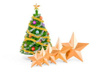 Christmas tree with 5 five golden stars concept, 3D rendering